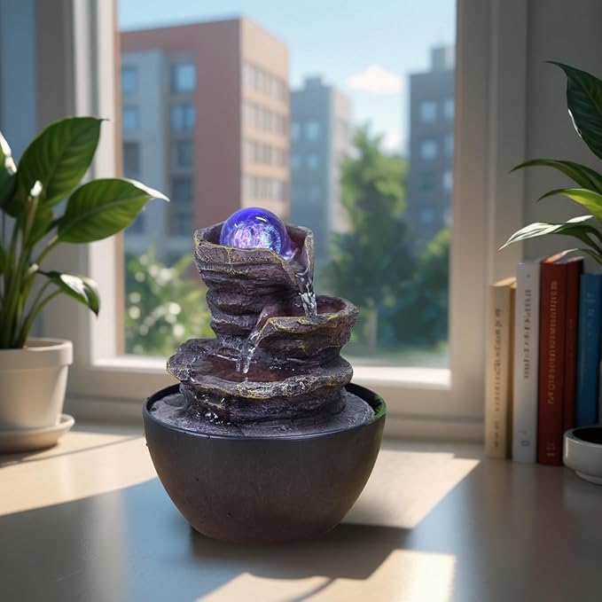 Zen Light SCFR22-L12 Zen Cascade Closed Circuit Table Fountain, Relaxing Bright Colourful LED, 18 cm Height, Chestnut