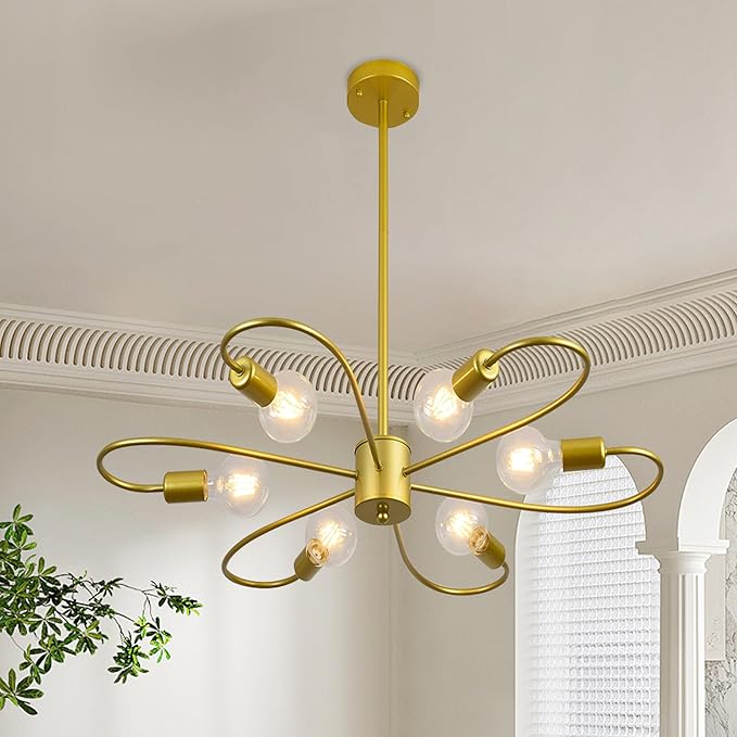 Gold Modern Chandeliers 6-Light Semi Flush Mount Ceiling Light Fixture, Sputnik Hanging Lighting Adjustable Height for Bedroom Dinning Living Room