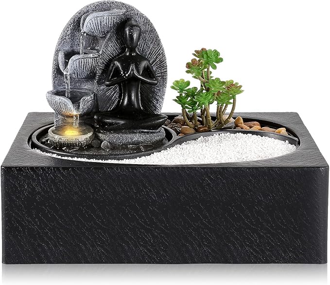 Living Indoor Fountain Table Fountain, Polyresin Fountain, LED Lighting, Table Top Water Fountain with Sand Stones & Plant Decorations, Sitting Buddha Fountain, 29 x 21 x 23 cm