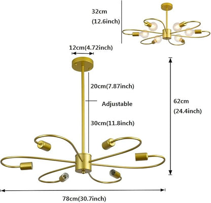Gold Modern Chandeliers 6-Light Semi Flush Mount Ceiling Light Fixture, Sputnik Hanging Lighting Adjustable Height for Bedroom Dinning Living Room
