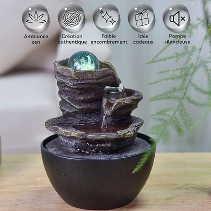 Zen Light SCFR22-L12 Zen Cascade Closed Circuit Table Fountain, Relaxing Bright Colourful LED, 18 cm Height, Chestnut