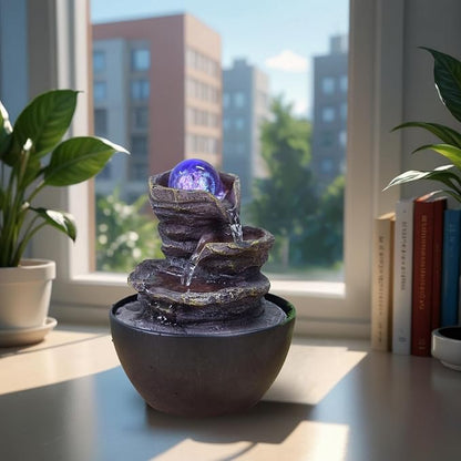 Zen Light SCFR22-L12 Zen Cascade Closed Circuit Table Fountain, Relaxing Bright Colourful LED, 18 cm Height, Chestnut