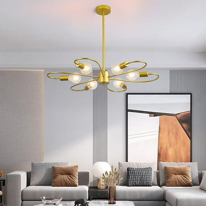 Gold Modern Chandeliers 6-Light Semi Flush Mount Ceiling Light Fixture, Sputnik Hanging Lighting Adjustable Height for Bedroom Dinning Living Room
