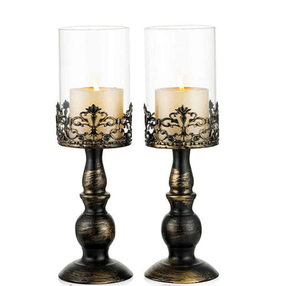 Candle Holders for Pillar Candles Gothic Matte Black Vintage Tall Candle Holders Set of 2 Decorative Large Table Centerpieces Candle Stand Decor (Black 2PCS A)