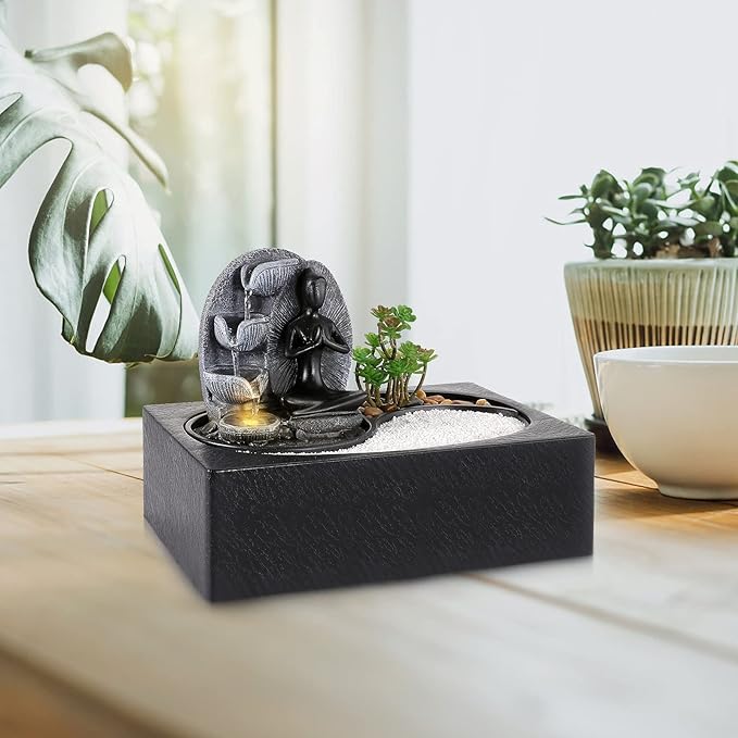 Living Indoor Fountain Table Fountain, Polyresin Fountain, LED Lighting, Table Top Water Fountain with Sand Stones & Plant Decorations, Sitting Buddha Fountain, 29 x 21 x 23 cm