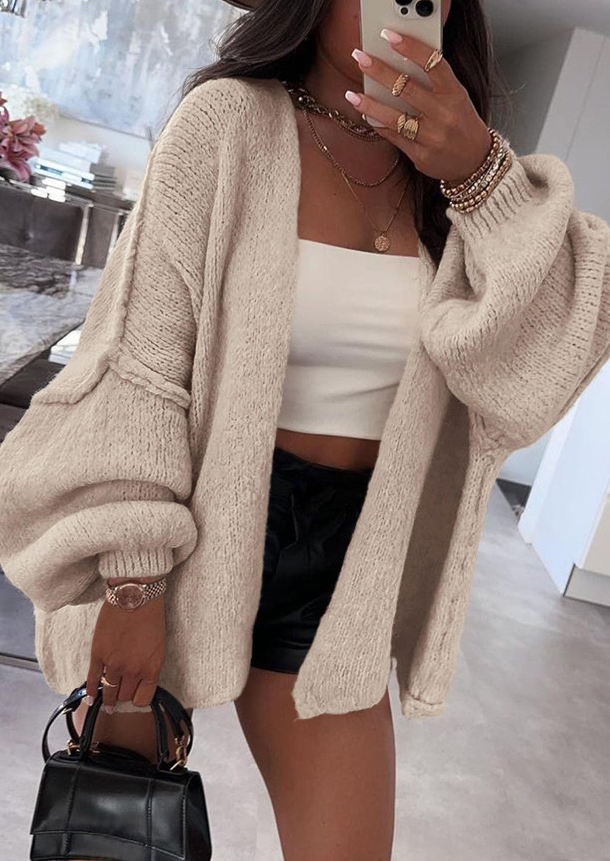 SFRCORD® Womens Oversized Cardigan Sweaters Fall Long Lantern Sleeve Knit Open Front Lightweight Sweater