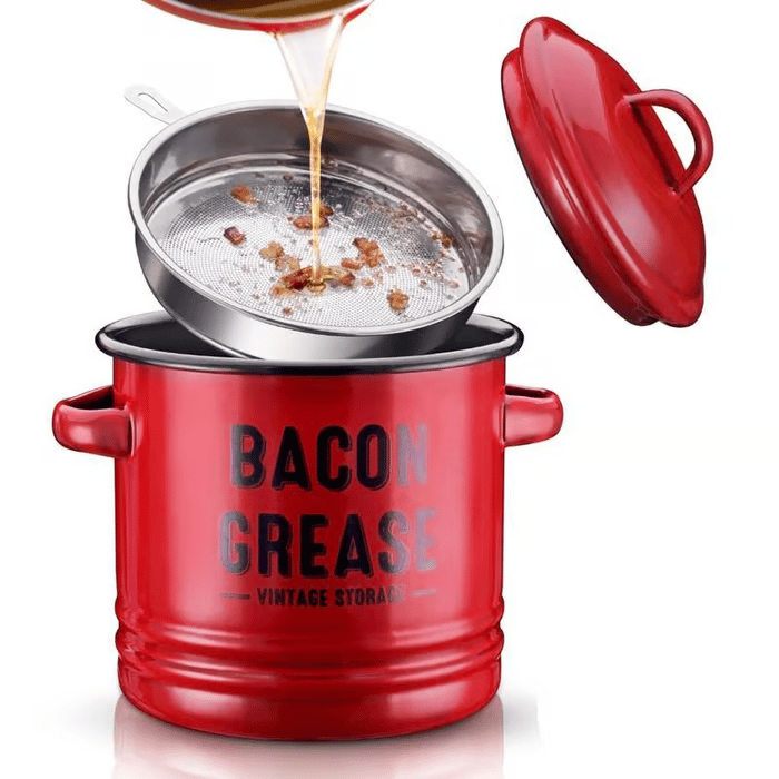 Top Christmas Gift 2025 🎅-46 oz bacon grease container with strainer and food-grade silicone spatula
